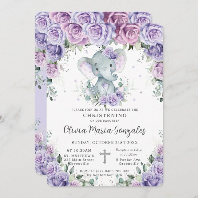 Sweet Purple Floral Elephant Christening Baptism Invitation (Front/Back)