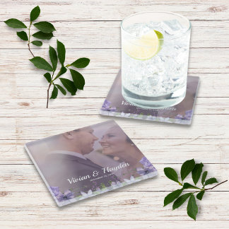 Sweet Purple Floral Wedding Glass Coaster