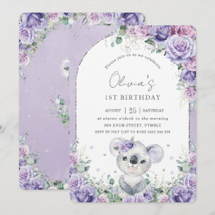 Sweet Purple Lilac Floral Koala Birthday Party Invitation
