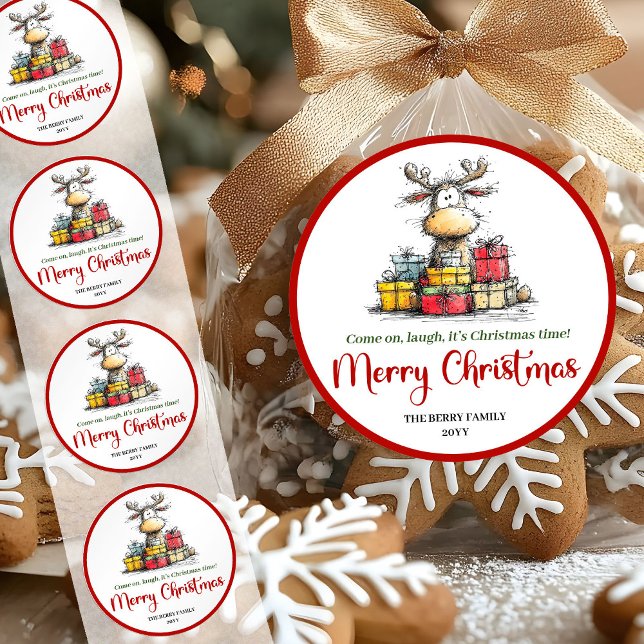 Sweet quirky reindeer fun holiday sticker label (Sweet quirky reindeer fun holiday sticker label)