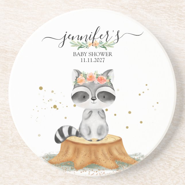Sweet Raccoon Forest Baby Shower Coaster (Front)