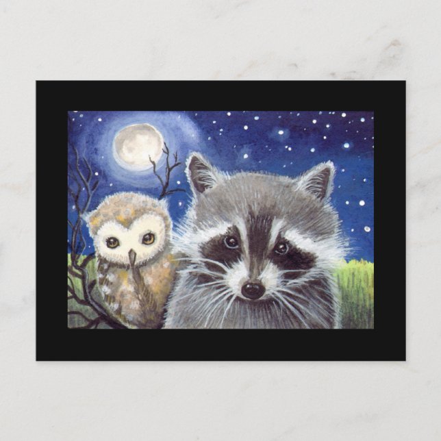 Sweet Racoon and Owl Art Postcard (Front)