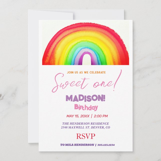 Sweet rainbow colours, rainbow sweet first birthda invitation (Front)