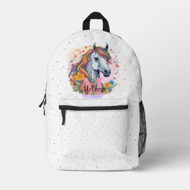 Sweet Rainbow Horse Pink Name Monogram Animal  Printed Backpack (Front)