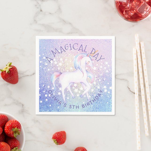 Sweet Rainbow Unicorn Glittery Birthday Party Name Napkin (Insitu)