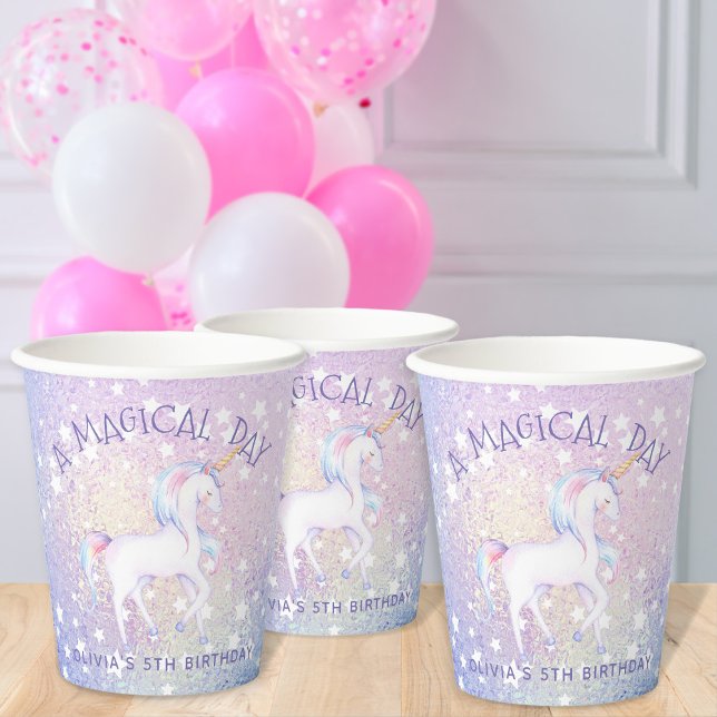 Sweet Rainbow Unicorn Glittery Birthday Party Name Paper Cups (Creator Uploaded)