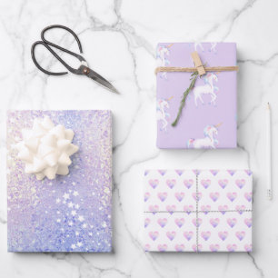 Sweet Rainbow Unicorn Hearts Glittery Wrapping Paper Sheet