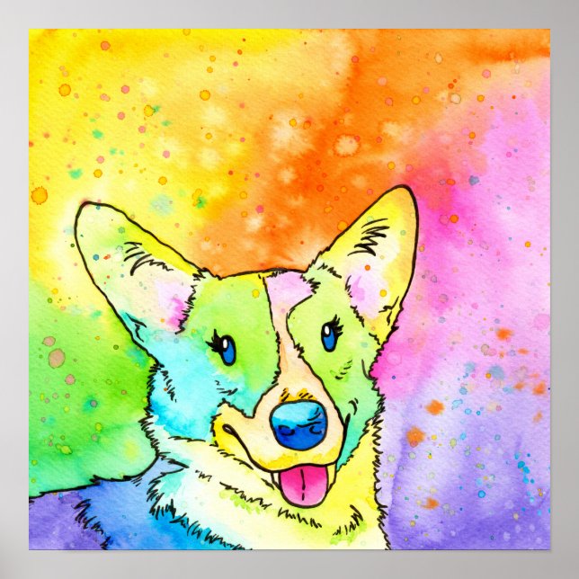 Sweet Rainbow Watercolor Corgi Poster (Front)