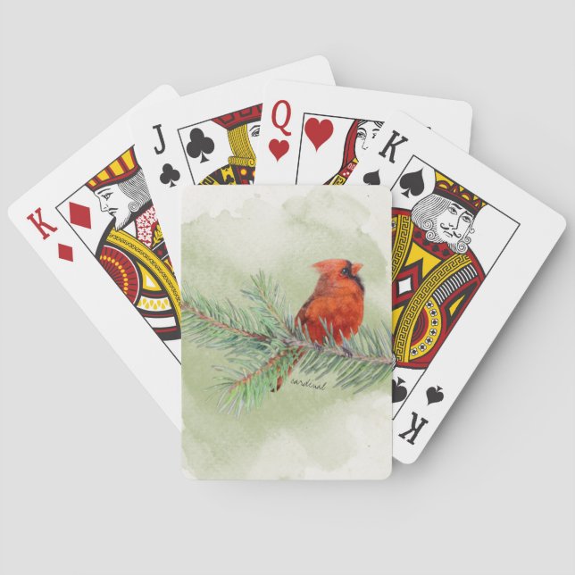 Sweet Red Cardinal Rustic Watercolor Playing Cards (Back)