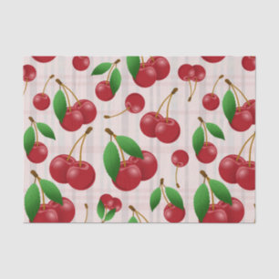 sweet red cherries on pastel plaid tissue paper