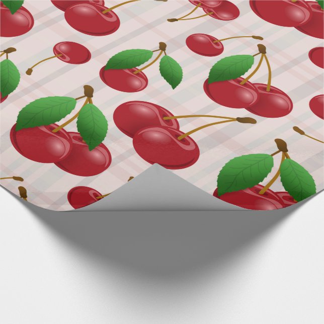 sweet red cherries on pastel plaid wrapping paper (Corner)