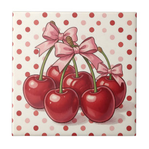 Sweet Red Cherries Pink Bows Retro Polka Dot Ceramic Tile