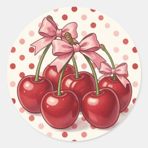 Sweet Red Cherries Pink Bows Retro Polka Dot  Classic Round Sticker