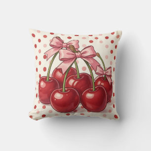 Sweet Red Cherries Pink Bows Retro Polka Dot Cushion