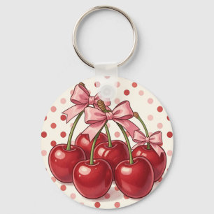 Sweet Red Cherries Pink Bows Retro Polka Dot Key Ring