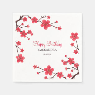 Sweet Red Cherry Blossom Sakura Floral Birthday Napkin