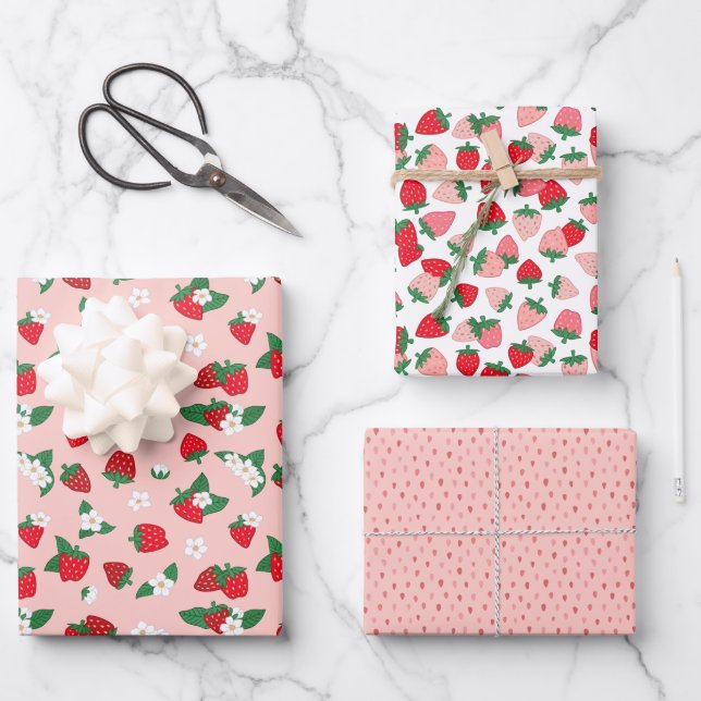 Sweet Red Pink Strawberries White Flowers Pattern Wrapping Paper Sheet (Front)