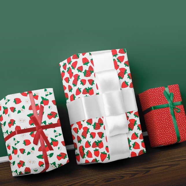 Sweet Red Strawberries & White Flowers Pattern Wrapping Paper Sheet (Creator Uploaded)