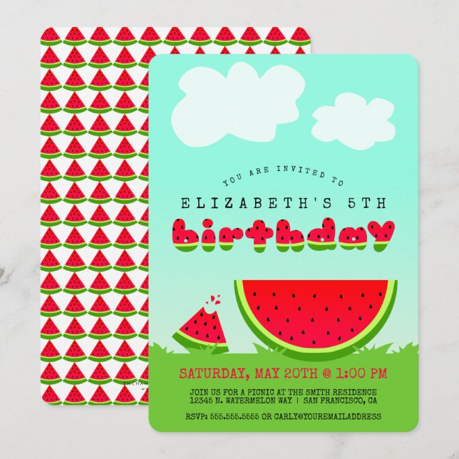 Sweet Red Watermelon Kids Summertime Birthday Invitation (Front/Back)