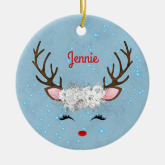 Sweet Reindeer Eyelashes and Antlers with Flowers Ceramic Ornament