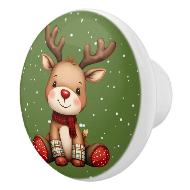 Sweet Reindeer Pair in Holiday Snowfall Ceramic Knob (Right)