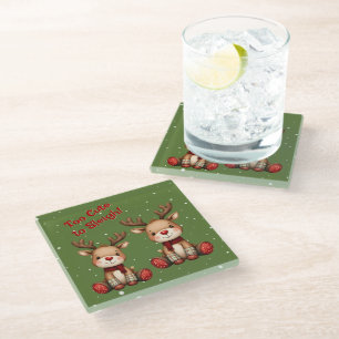 Sweet Reindeer Pair in Holiday Snowfall Glass Coaster