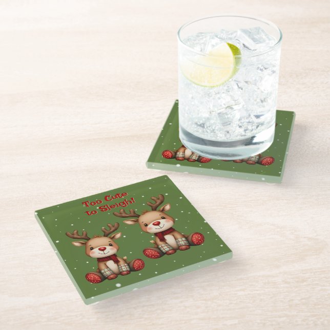 Sweet Reindeer Pair in Holiday Snowfall Glass Coaster (Angled)