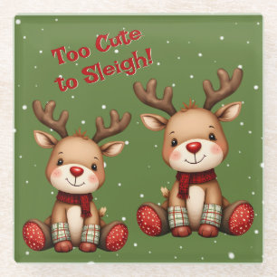 Sweet Reindeer Pair in Holiday Snowfall Glass Coaster