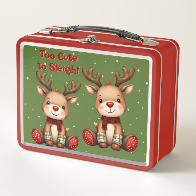 Sweet Reindeer Pair in Holiday Snowfall Metal Lunch Box (Front)