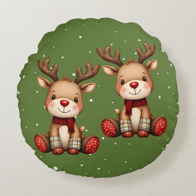 Sweet Reindeer Pair in Holiday Snowfall Round Cushion (Front)