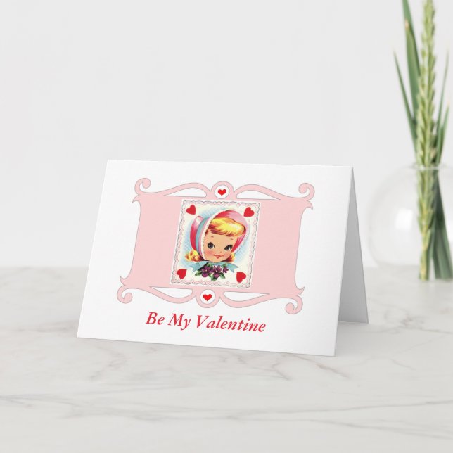Sweet Retro Valentine Girl Holiday Card (Front)
