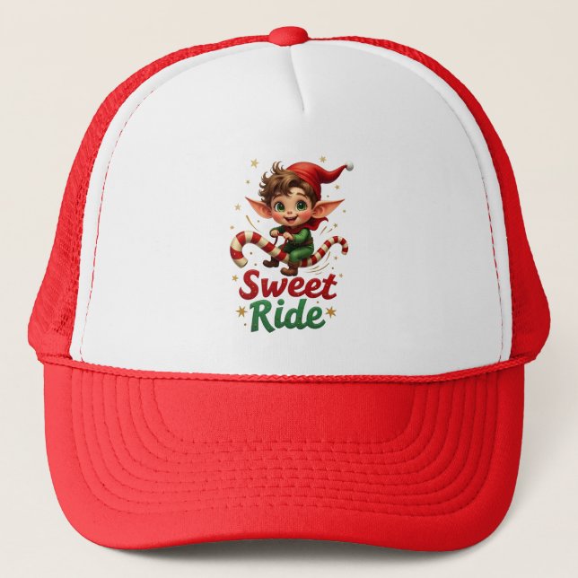 Sweet Ride Elf Christmas Trucker Hat (Front)