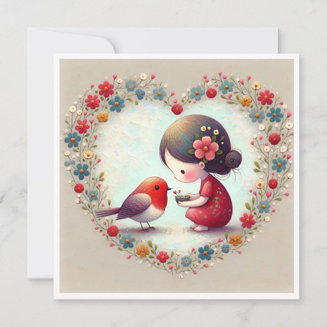 Sweet Robin and Little Girl Floral Heart (Front)