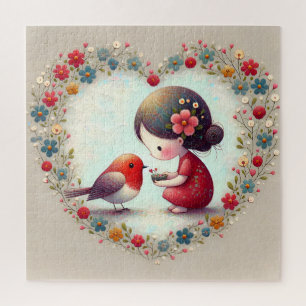 Sweet Robin and Little Girl Floral Heart Jigsaw Puzzle