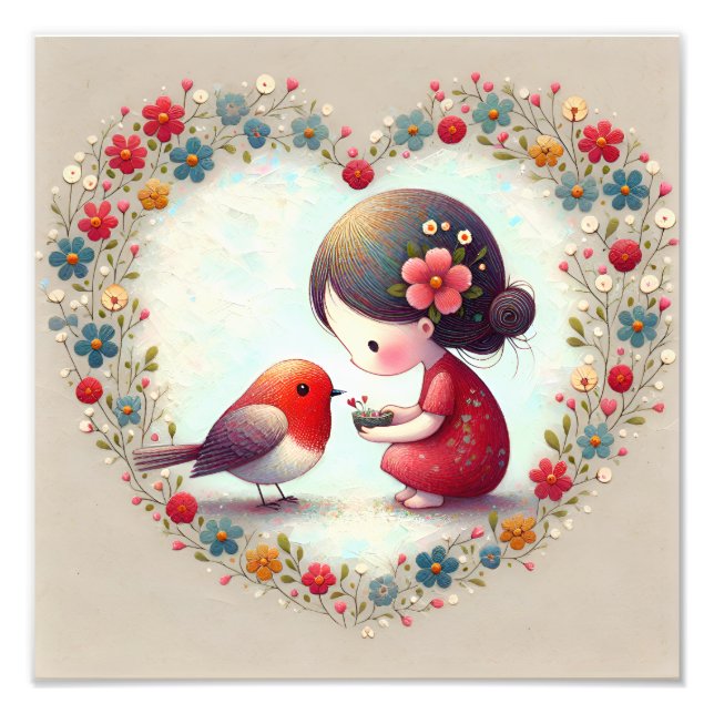 Sweet Robin and Little Girl Floral Heart Photo Print (Front)