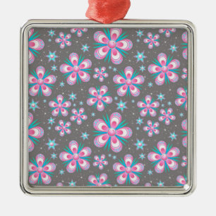 Sweet Romantic Abstract Pink Flowers Pattern Metal Ornament