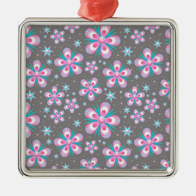 Sweet Romantic  Abstract Pink Flowers Pattern Metal Ornament (Front)