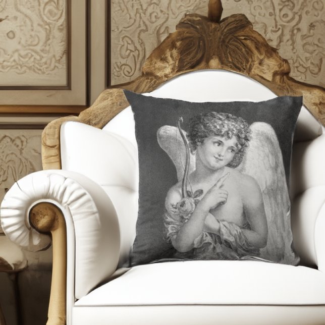 Sweet Romantic Cupid Antique Lithograph Throw Pill Cushion (Creator Uploaded)