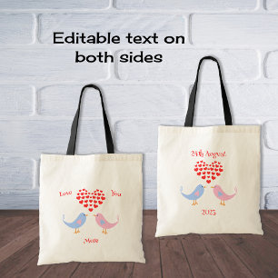 Sweet romantic lovebirds with hearts tote bag