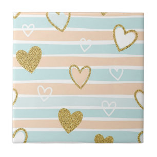 Sweet Romantic Pastel Heart Stripe Ceramic Tile