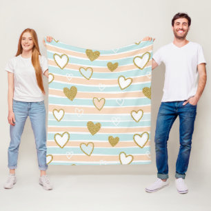 Sweet Romantic Pastel Heart Stripe Fleece Blanket