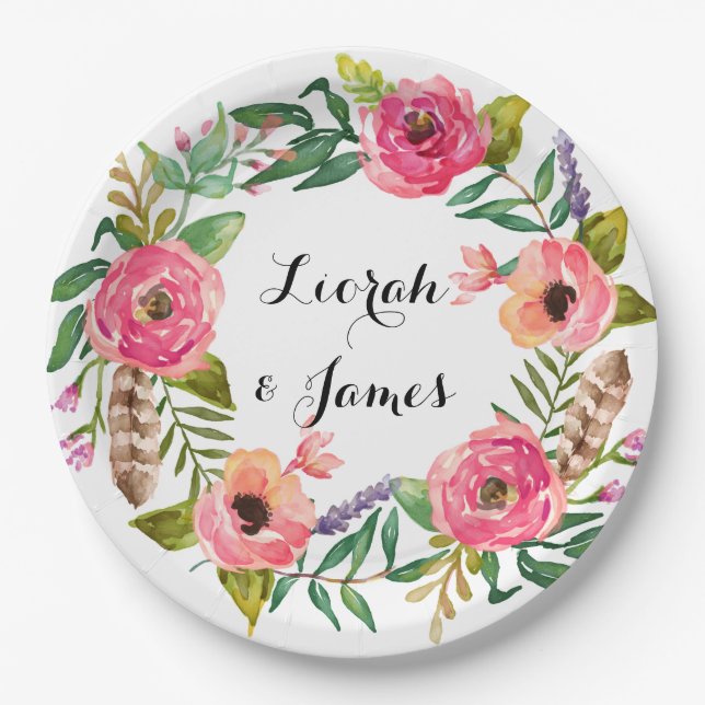 Sweet romantic watercolor flower paper plate (Front)