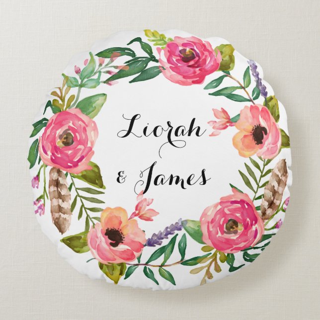 Sweet romantic watercolor flower round cushion (Front)