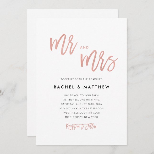 Sweet Rose Gold Fairytale Mr & Mrs Wedding Invite (Front/Back)