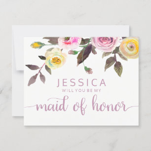 Sweet Rose Watercolor Will You Be My Maid of Honou Invitation