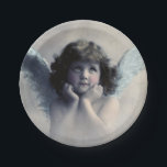 Sweet Rosy Cheeked Vintage Angel in Clouds Paper Plate<br><div class="desc">Beautiful vintage design of a sweet angel with soft white wings and rosy cheeks,  holding her face in her hands. Looking peaceful and kind. The background is filled with soft ethereal clouds.</div>