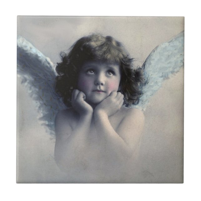 Sweet Rosy Cheeked Vintage Angel in Clouds Tile (Front)