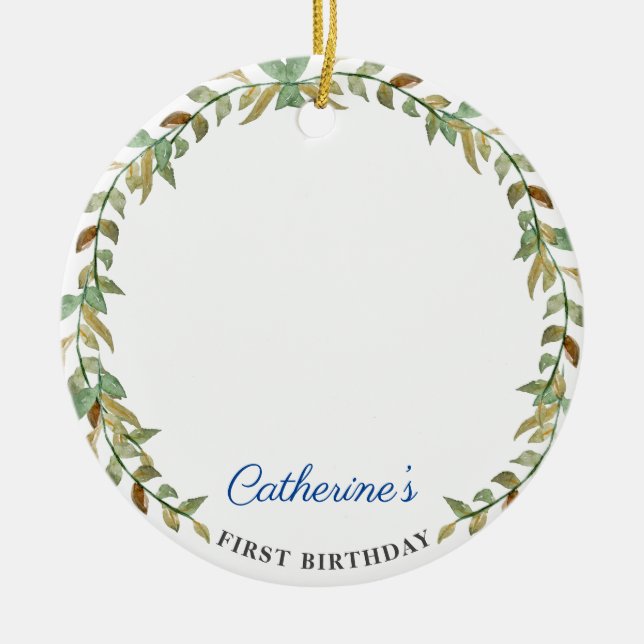 Sweet Rustic Botanical 1st Birthday Photo Ceramic Ornament (Front)