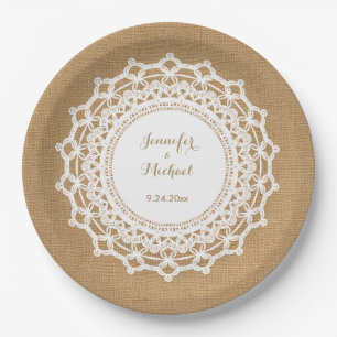 Sweet Rustic Burlap Look and White Lace Wedding Paper Plate