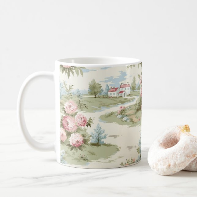 Sweet Rustic Country Home Floral Landscape Coffee Mug (With Donut)